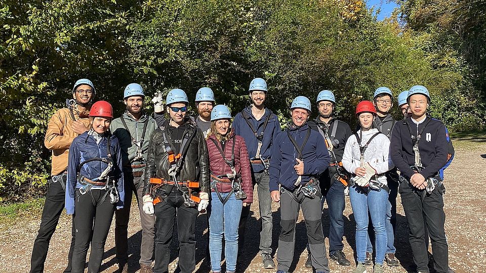 A image of our group trip showing most of the group members in climbing gear.