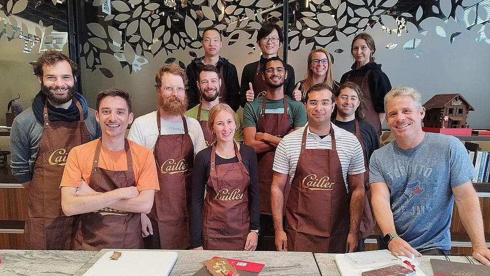 A image of the group members at Maison Cailler after the chocolate workshop. Missing from the image is Caspar Vogel and Aramis Keller..