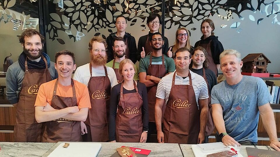 A image of the group members at Maison Cailler after the chocolate workshop. Missing from the image is Caspar Vogel and Aramis Keller..